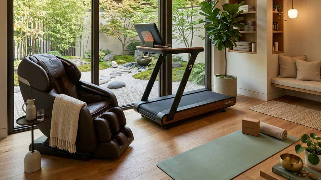 Phòng wellness tinh gọn gồm ghế massage và máy chạy bộ