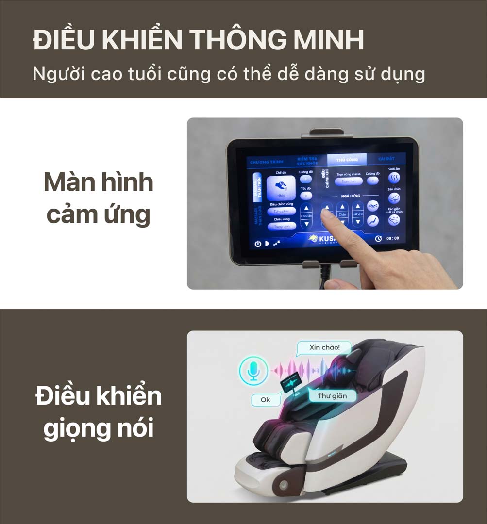 Điều khiển giọng nói thông minh kết hợp màn hình cảm ứng đa ngôn ngữ tiếng Việt của ghế massage Okusaki Am686