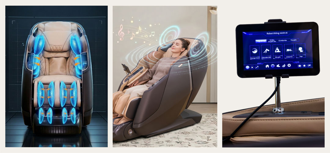 Màn hình cảm ứng hiện đại, nghe nhạc bluetooth và hệ thống túi khí toàn thân của ghế Okusaki AM868 Master